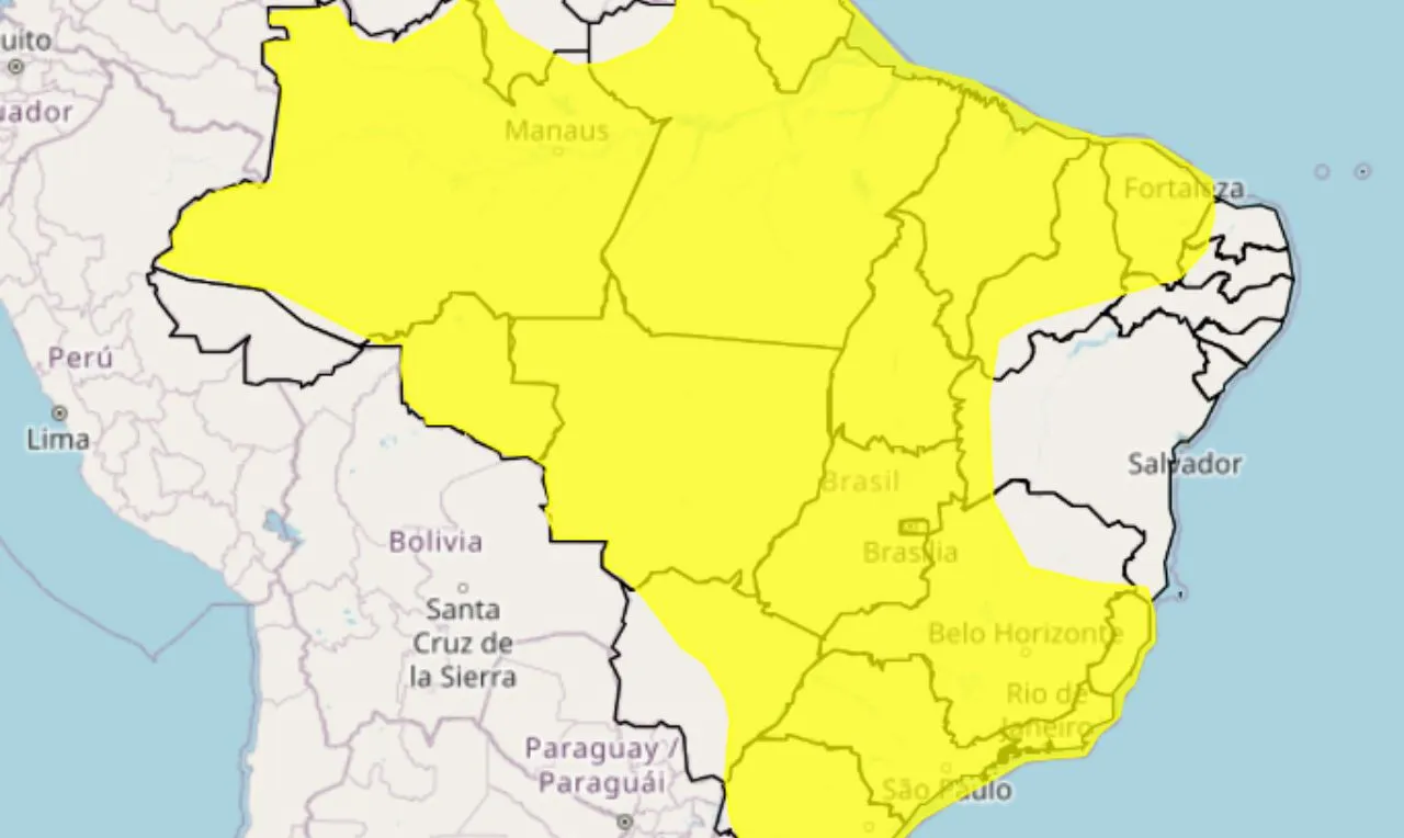 O mapa mostra as &aacute;reas em alerta amarelo para chuva intensa